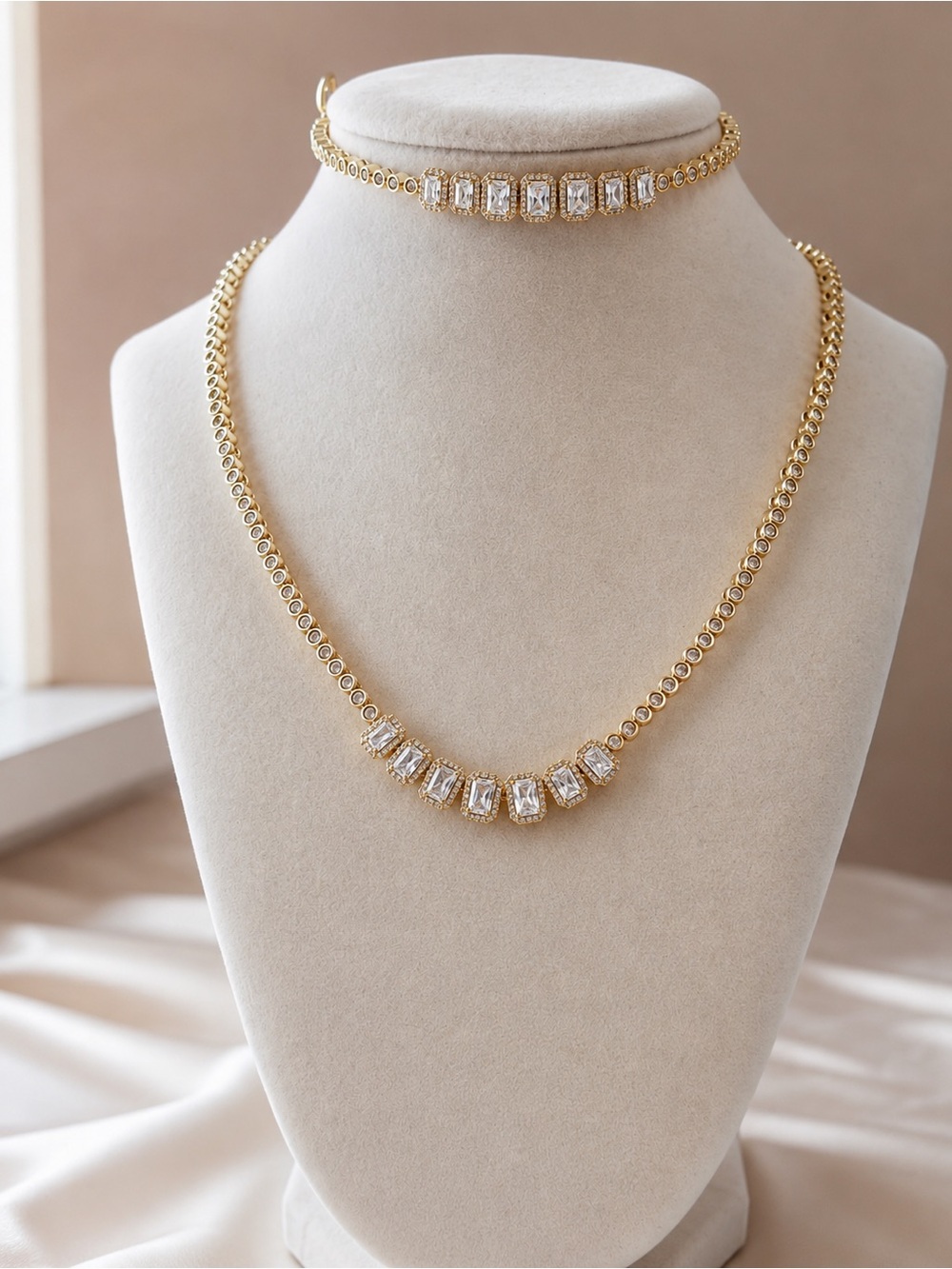 Gold Crystal Pendant Necklace and Bracelet Set
